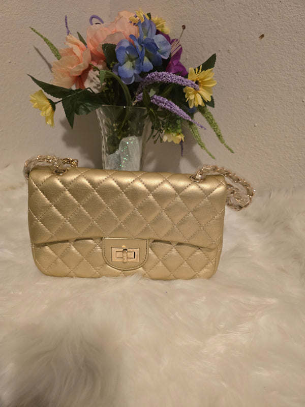 Gold Metallic Quilted Handbag - Med